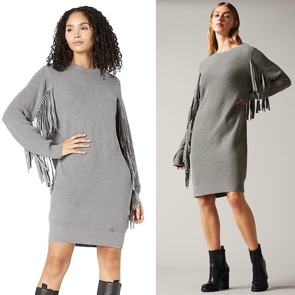 NWT TED BAKER Wool Blend Rib Knit Fringe Trim Long Sleeve Cocoon Sweater Dress 4 - Picture 1 of 13